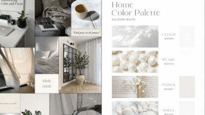 Calm neutral color palette for home decor: cloud white, pearl, paper, shell tones with serene interior inspiration.