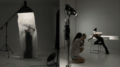 Two contrasting photography setups: model behind sheer fabric, photographer capturing a dynamic pose in a studio.