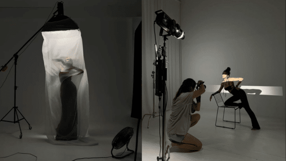 Viewing Deck Blog 6 Two contrasting photography setups: model behind sheer fabric, photographer capturing a dynamic pose in a studio. | Sky Rye Design Two contrasting photography setups: model behind sheer fabric, photographer capturing a dynamic pose in a studio.