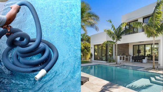 Viewing Deck Blog 6 Cleaning pool with hose next to a modern house with a backyard swimming pool and palm trees. | Sky Rye Design Cleaning pool with hose next to a modern house with a backyard swimming pool and palm trees.