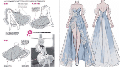 Illustration of dress design with sewing details and elegant blue evening gowns featuring floral accents.