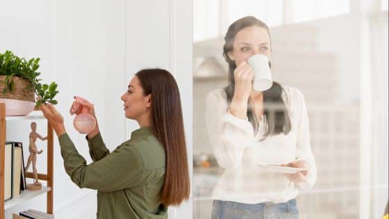 Woman arranging plant indoors, another drinking coffee by window, highlighting home care and relaxation.