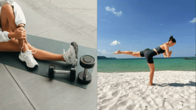 Left: Woman sitting on yoga mat with dumbbells. Right: Woman practicing yoga on beach. Fitness and relaxation.