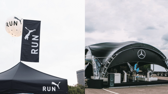 Viewing Deck Blog 7 Puma running event and Mercedes-Benz showcase tents under cloudy skies. | Sky Rye Design Puma running event and Mercedes-Benz showcase tents under cloudy skies.