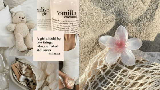 Aesthetic collage with teddy bear, vanilla coconut skincare, inspirational quote, and beach flower on sand.