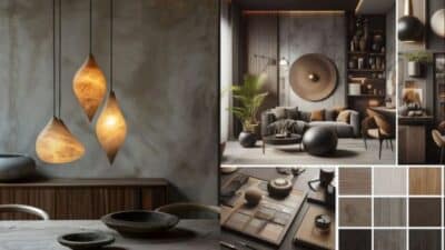 Modern interior design with earthy tones, featuring pendant lights, cozy living room, and a textured color palette.