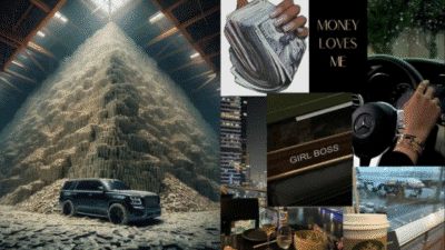 Luxury lifestyle collage with car, money, travel, and city views, exuding wealth and success.