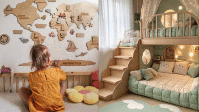 Toddler in cozy room with wooden world map, sitting by colorful pillows. Bed with stairs and soft lighting nearby.