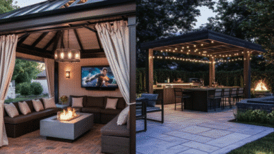 Cozy outdoor patio with a fire pit, seating area, and a lit gazebo with dining space at dusk.