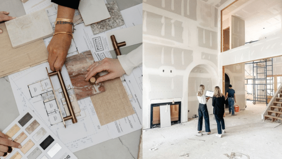 Viewing Deck Blog 8 Interior design planning and home renovation in progress, featuring material samples and construction site overview. | Sky Rye Design Interior design planning and home renovation in progress, featuring material samples and construction site overview.