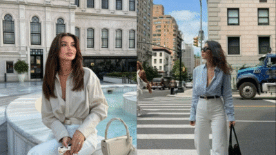 Woman in stylish outfits by a fountain and crossing a city street, showcasing fashion trends and urban lifestyle.