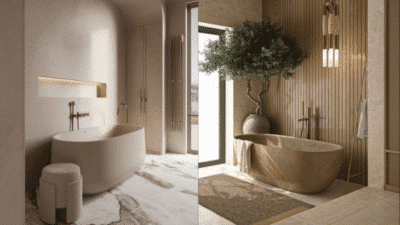 Luxurious modern bathrooms with elegant freestanding tubs, marble floors, and stylish lighting.