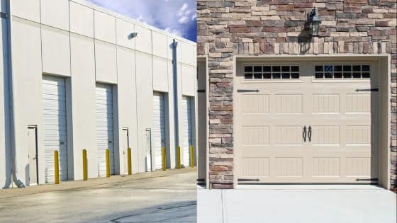 Commercial and residential garage doors: warehouse loading bays on the left, single beige garage door on stone wall on the right.