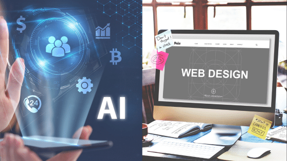 AI technology and web design concepts displayed on digital devices in a modern office setting.