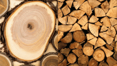 Close-up of wood grain on left, stacked firewood on right, showcasing natural textures and patterns.