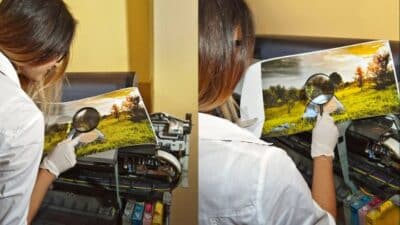 Person inspecting photo print quality with magnifying glass beside a printer. Printing process assessment.