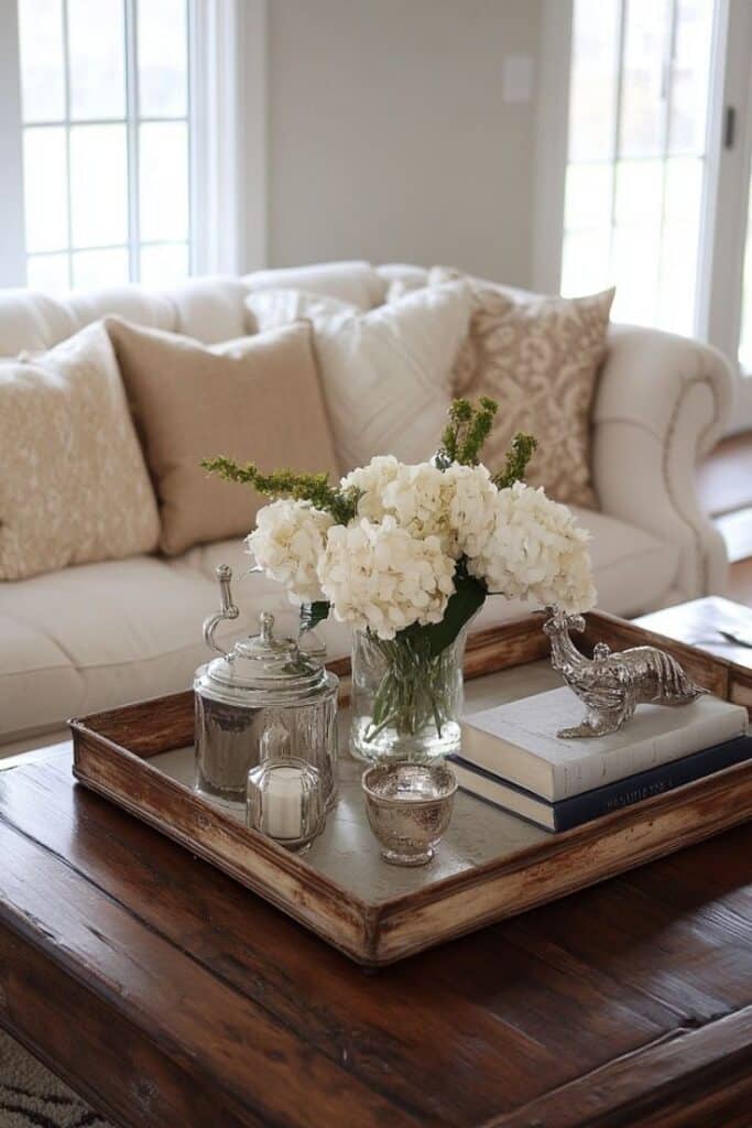 Cozy living room with white hydrangeas, vintage coffee table, and beige pillows on a cream sofa.