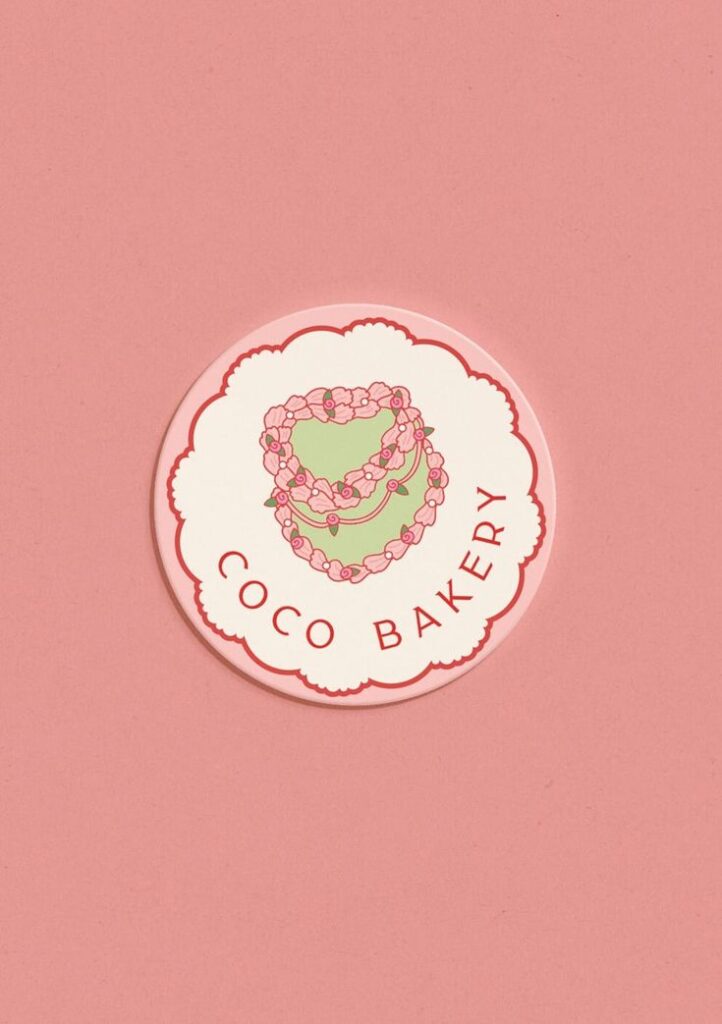 Coco Bakery logo with pink floral cake design on a rosy background.