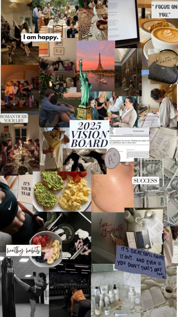 Collage of 2025 vision board with themes of success, healthy habits, travel, self-love, and personal growth.