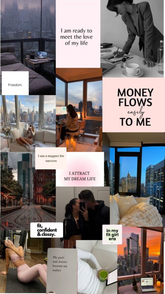 Vision board collage with quotes on success, love, fitness, city views, and personal growth for motivation and inspiration.