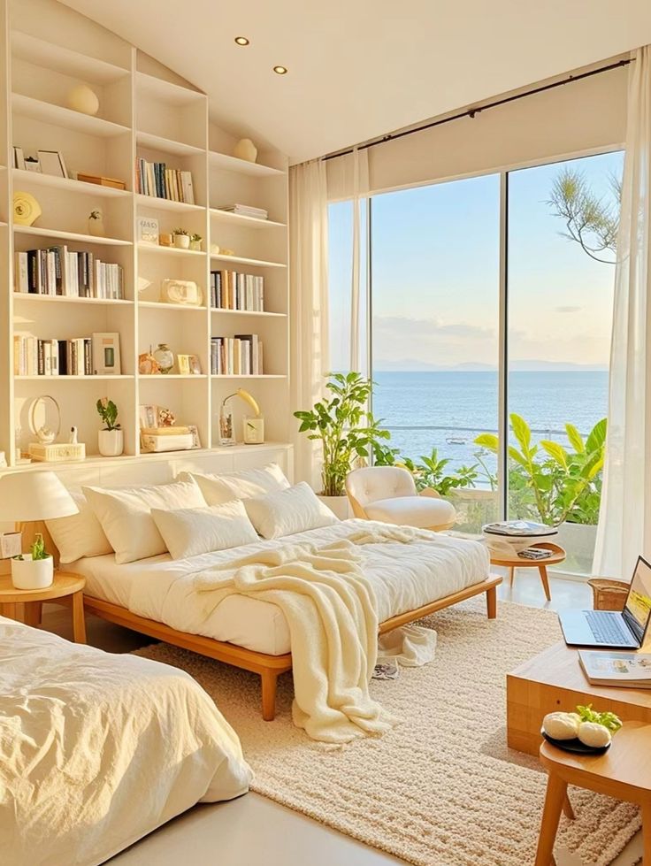 Bright, cozy bedroom with ocean view, white decor, shelves, plants, large bed, and natural light streaming through large windows.