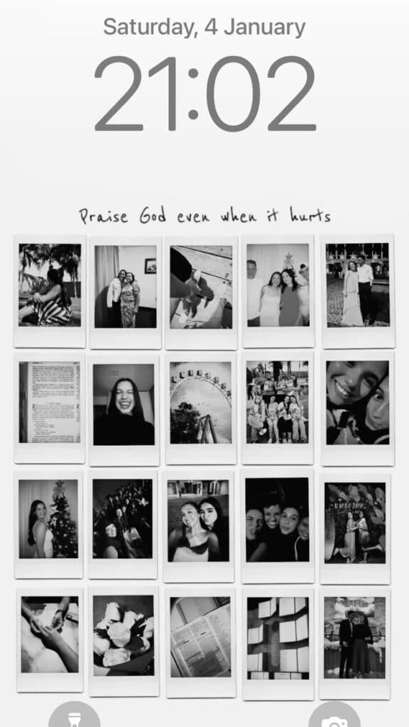 Collage of Polaroid photos with a quote Praise God even when it hurts and time displayed as 21:02 on January 4th.