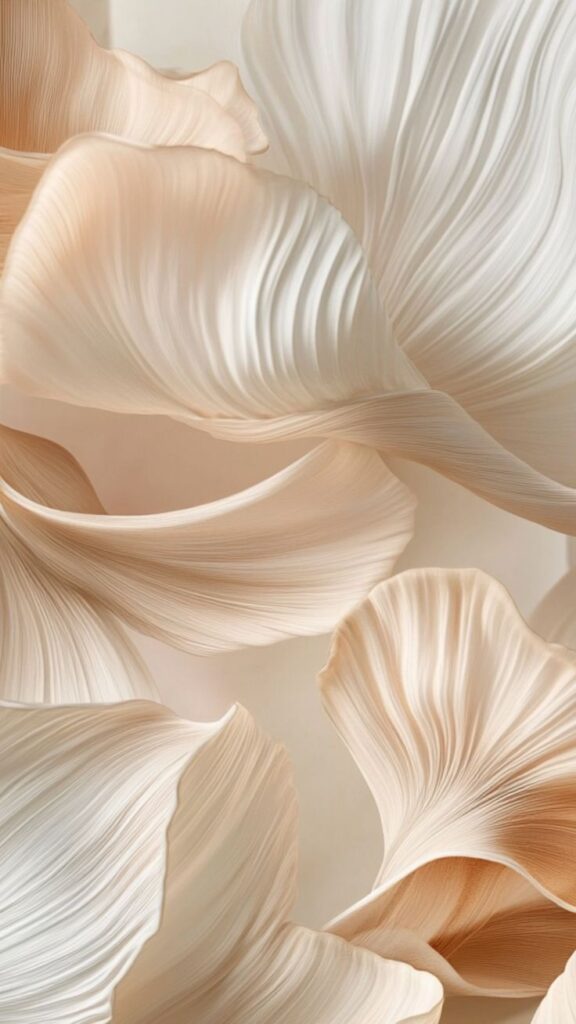 Abstract close-up of delicate beige and ivory petals with flowing, textured patterns resembling rippling fabric.