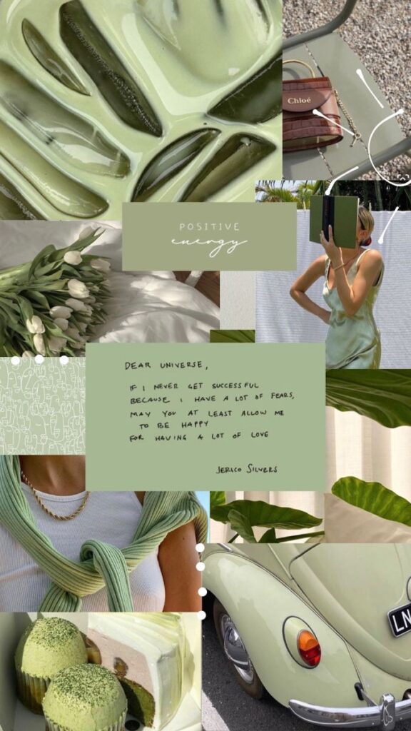 Collage of green-themed images featuring a vintage car, flowers, skincare, and positive energy words.