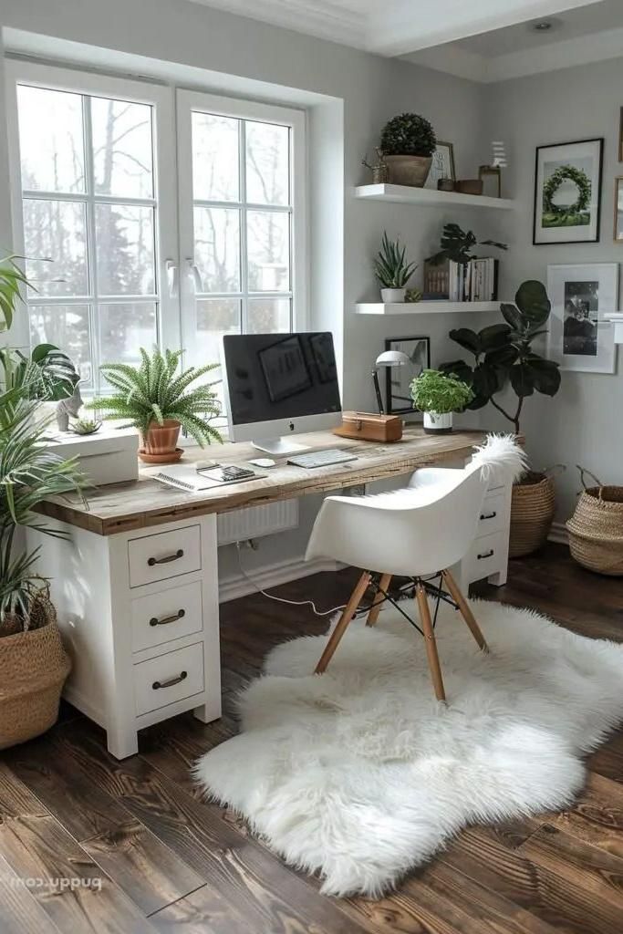 Modern home office with plants, wooden desk, and chair on a fluffy rug by a bright window.