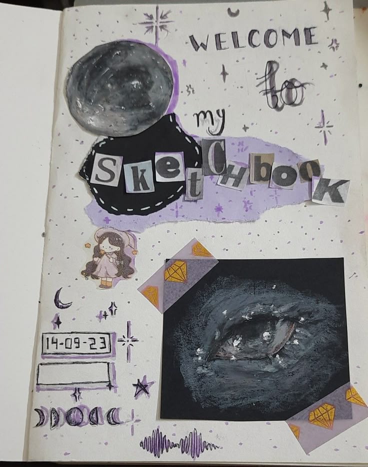 Want to learn more_ Click the link 😁😅🥰 Sketchbook cover art with cosmic theme, including an eye illustration, stars, and date 14-09-23. | Sky Rye Design Sketchbook cover art with cosmic theme, including an eye illustration, stars, and date 14-09-23.