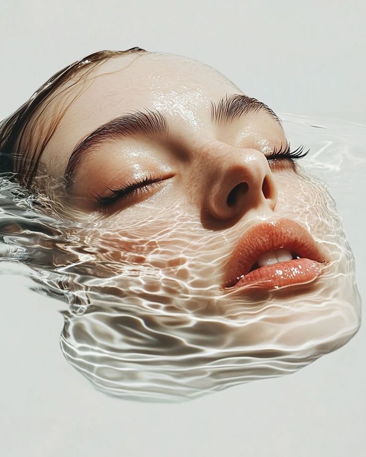 Close-up of a serene face submerged in clear water, eyes closed, highlighting calmness and tranquility.