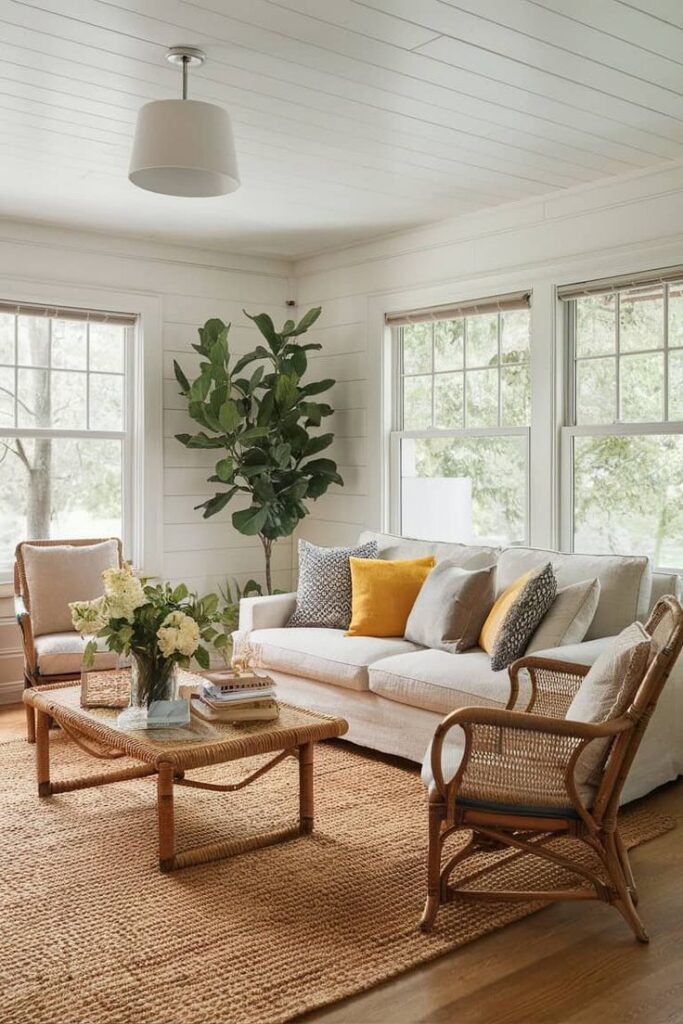 Cozy living room with natural light, white sofa, yellow cushions, wicker chairs, and a large indoor plant.