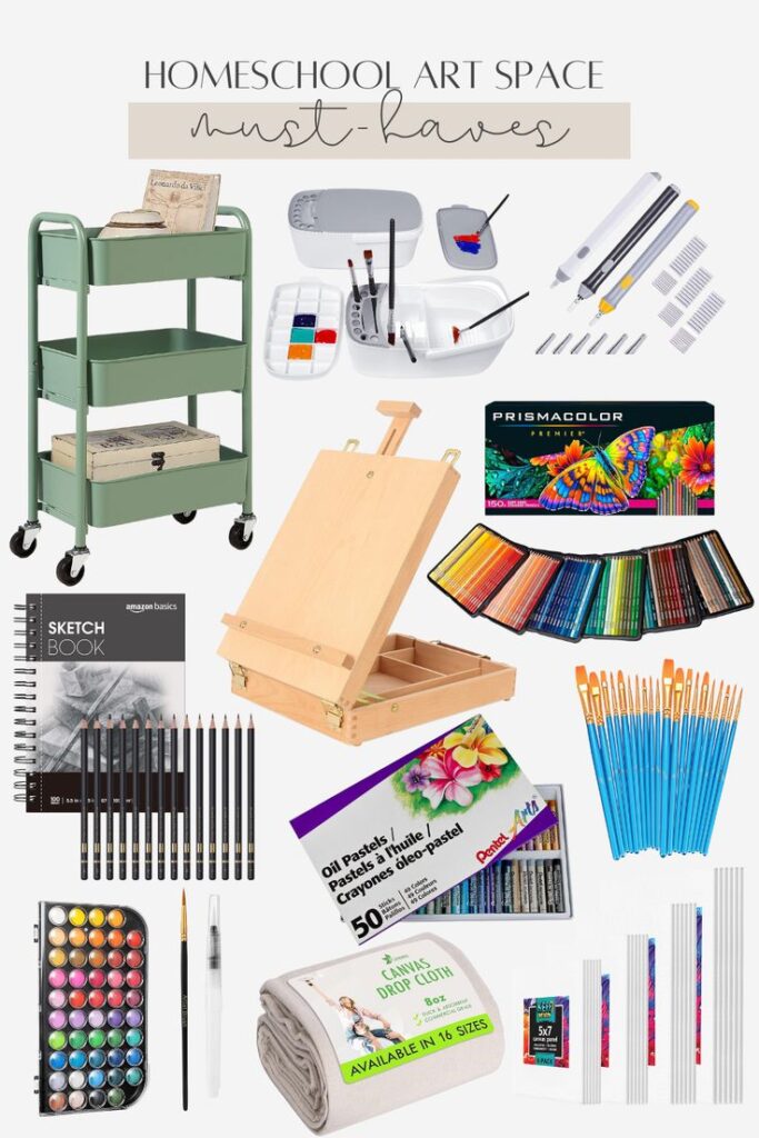We use these exact items each and every time we do Homeschool art supplies: sketchbook, pencils, paint, brushes, easel, and cart for creative learning spaces. | Sky Rye Design Homeschool art supplies: sketchbook, pencils, paint, brushes, easel, and cart for creative learning spaces.