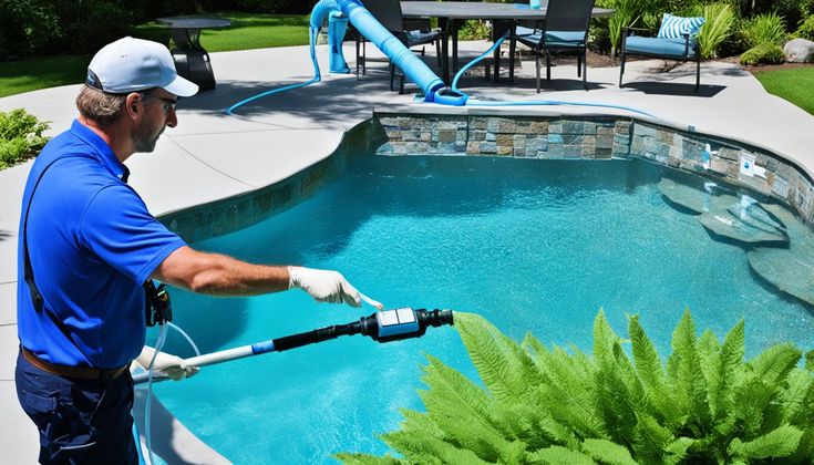 Pool technician cleaning a backyard swimming pool with equipment, surrounded by greenery on a sunny day.