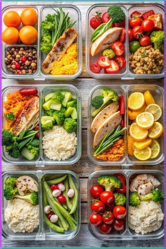 Healthy meal prep containers with chicken, vegetables, fruits, and rice on a wooden table. Perfect for a balanced diet.