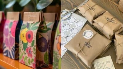 Colorful, eco-friendly packaging for artisan goods with plant designs and rustic twine accents on a wooden table.