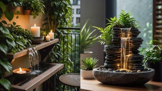 What Types of Indoor Fountains Work Best in Small Living Spaces Indoor water fountains with plants and candles creating a tranquil ambiance. | Sky Rye Design Indoor water fountains with plants and candles creating a tranquil ambiance.