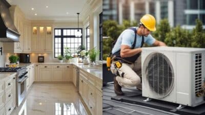 Modern kitchen interior and technician installing air conditioning unit on rooftop.