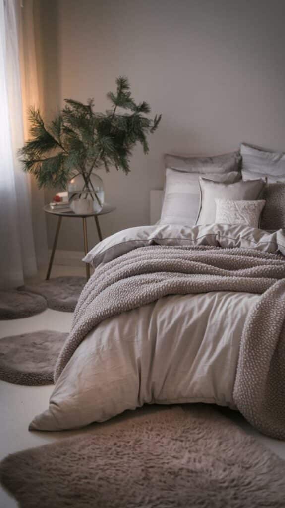 Cozy bedroom with soft gray bedding, textured blankets, and a bedside plant, creating a peaceful and inviting atmosphere.
