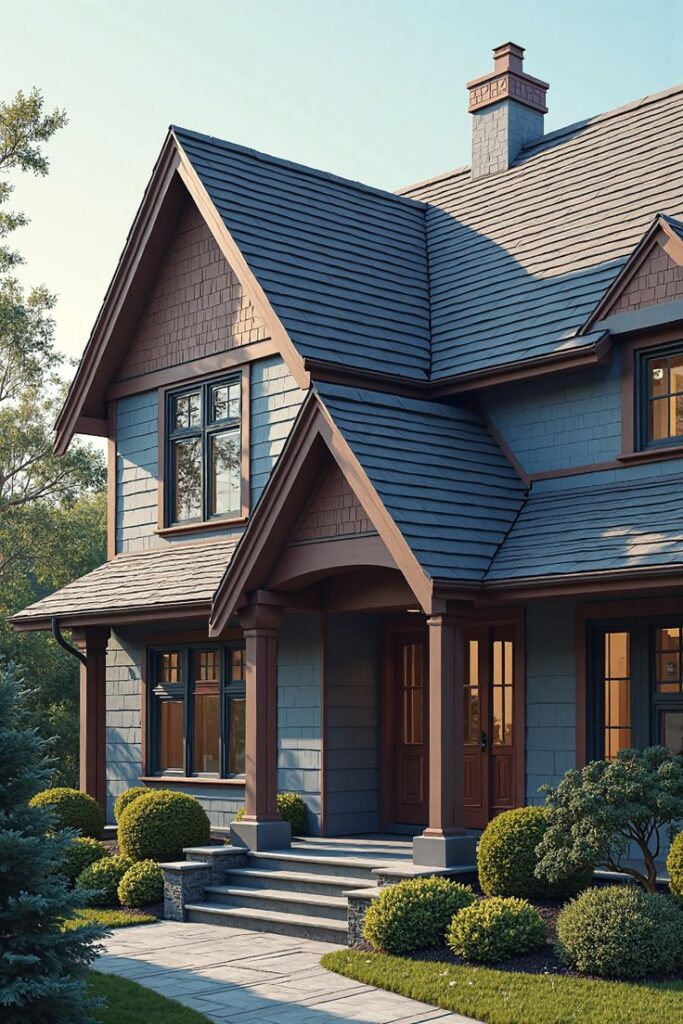 Witness the transformation of a damaged roof into Elegant modern home with blue siding, brown accents, and landscaped garden under a clear sky. | Sky Rye Design Elegant modern home with blue siding, brown accents, and landscaped garden under a clear sky.