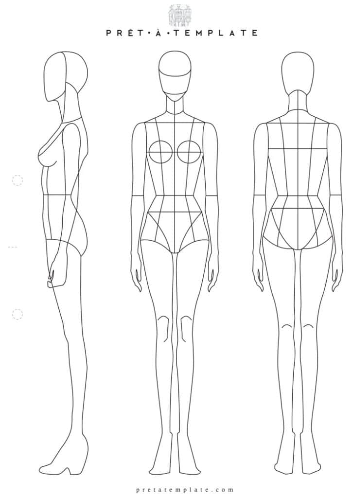 Fashion design template with front, side, and back views of a female figure outline from Pret-a-Template.