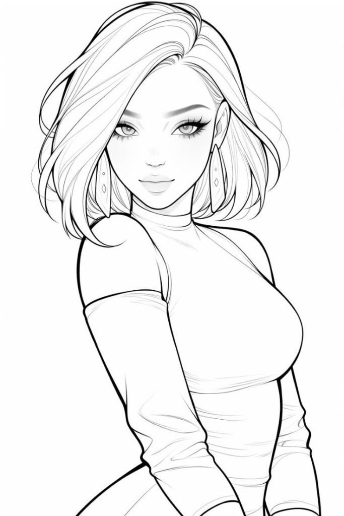 Black and white anime-style illustration of a woman with shoulder-length hair and elegant earrings.