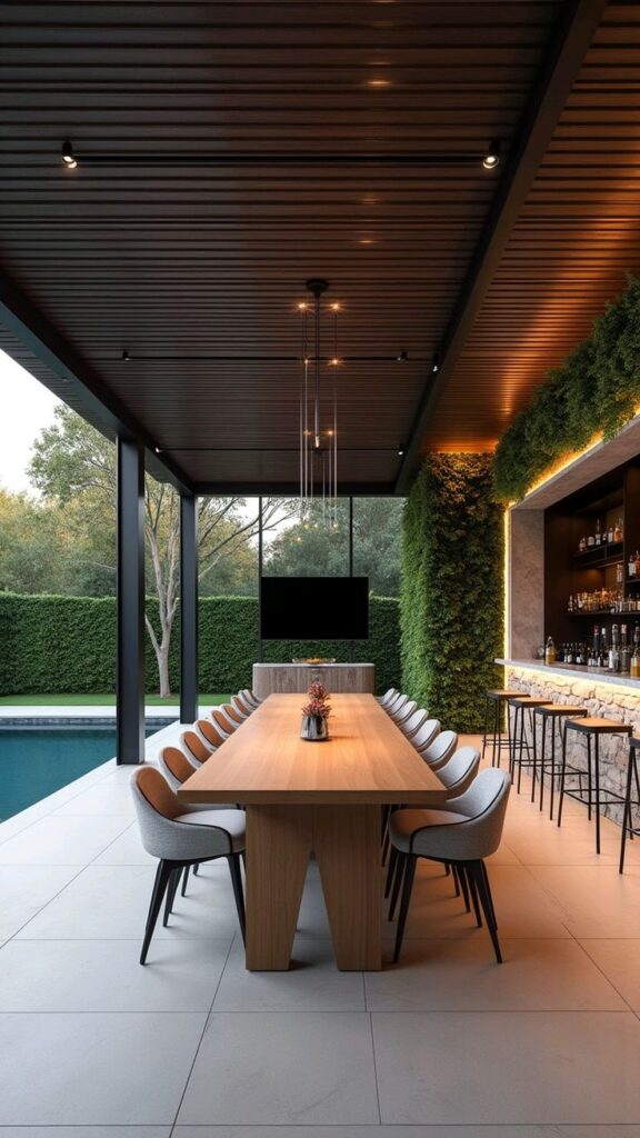 Modern outdoor dining area with long wooden table, elegant chairs, and garden view by a pool.