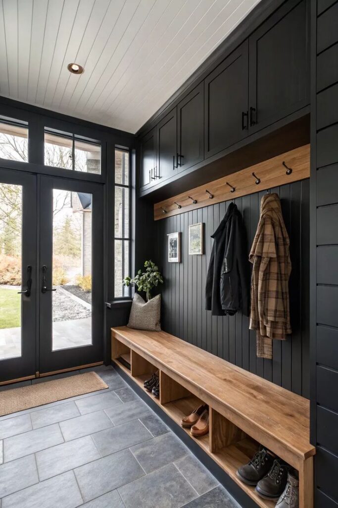 a18fc8c83be567710e70f7097a3dd9aa Modern mudroom with black cabinets, coat hooks, and a wooden bench, featuring shoes and outerwear for stylish storage. | Sky Rye Design Modern mudroom with black cabinets, coat hooks, and a wooden bench, featuring shoes and outerwear for stylish storage.