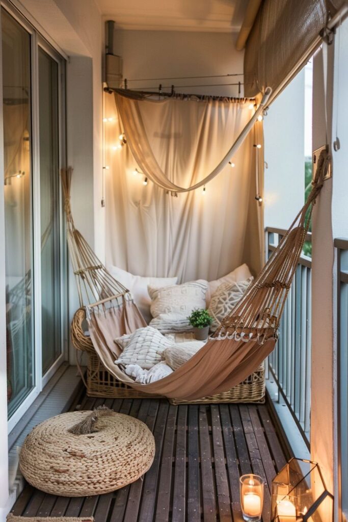 Cozy balcony hammock with pillows, string lights, and candles on wooden deck for a relaxing, bohemian retreat.
