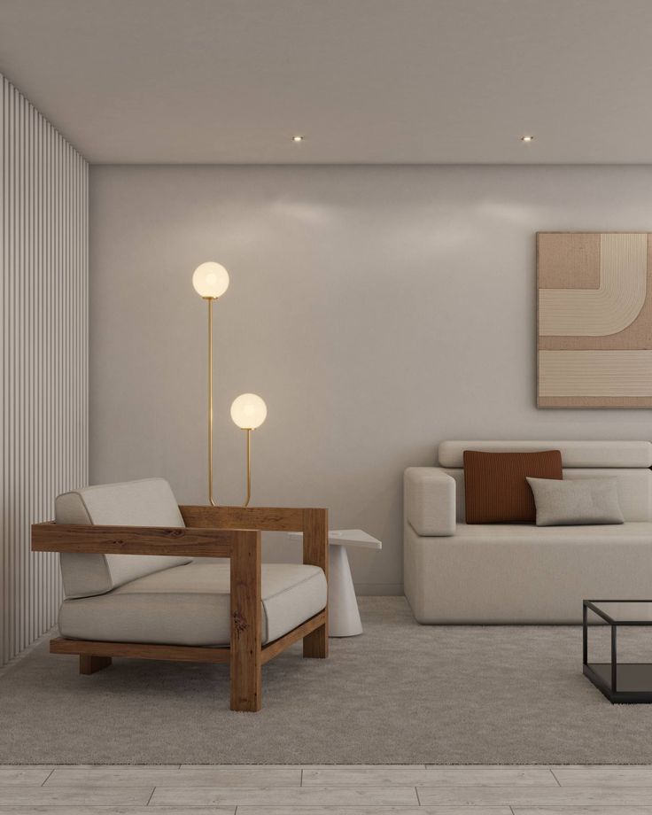 Minimalist living room with modern furniture, wooden accents, and soft lighting for a cozy, contemporary feel.