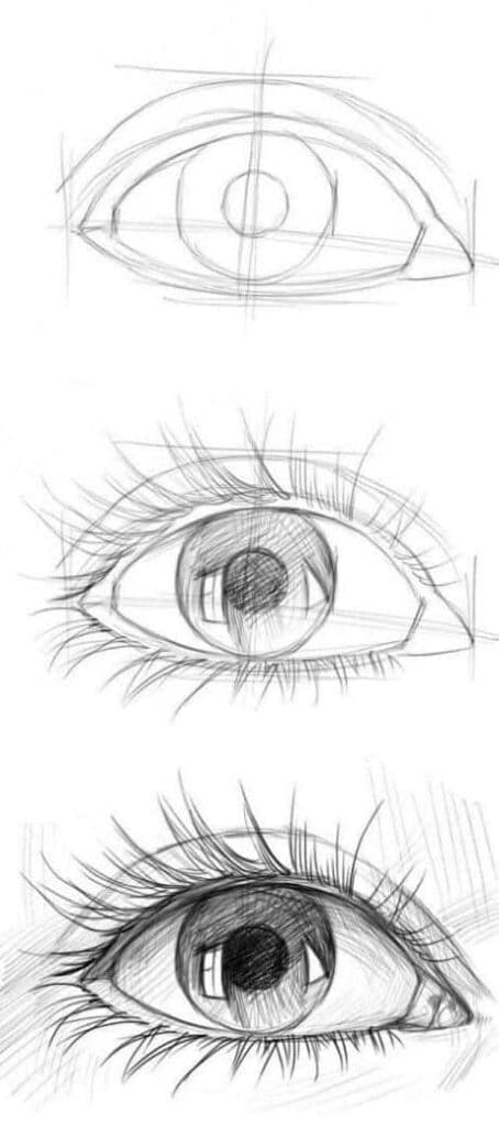Step-by-step pencil drawing of a realistic human eye showing progression from simple outlines to detailed features.