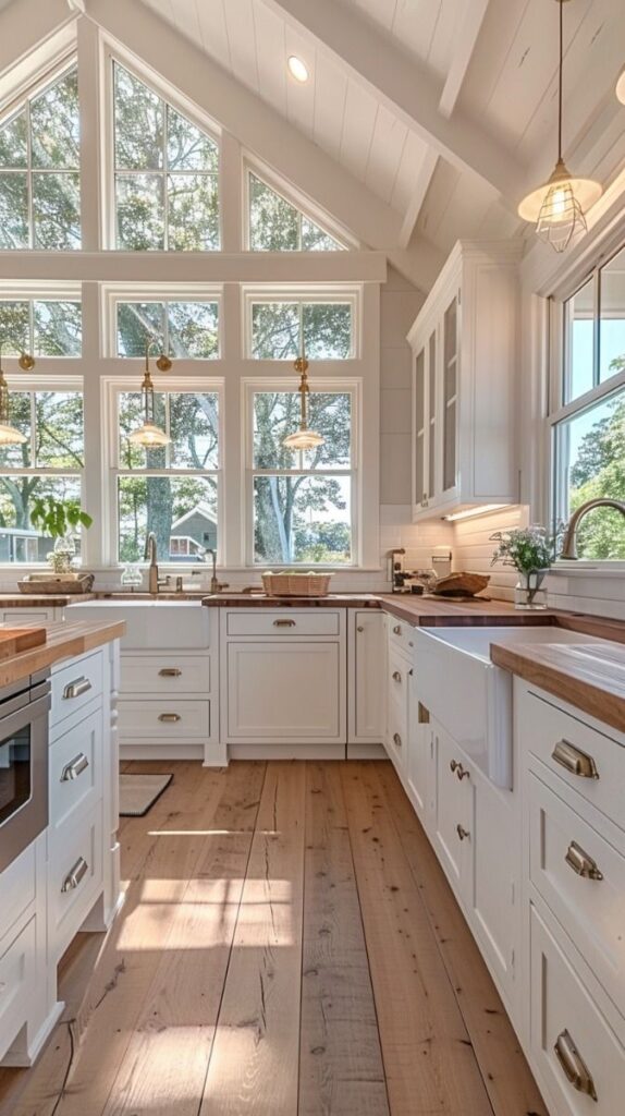Bright farmhouse kitchen with large windows, white cabinets, wooden countertops, and rustic wooden floors.