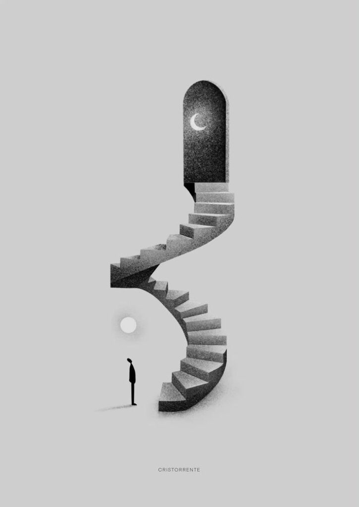 Surreal staircase with moonlit archway above silhouetted figure, symbolizing a journey or dreamscape.