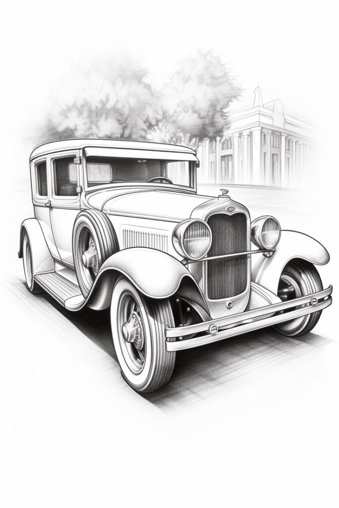 Vintage car sketch, front view of a classic automobile driving on a road lined with trees and buildings in the background.